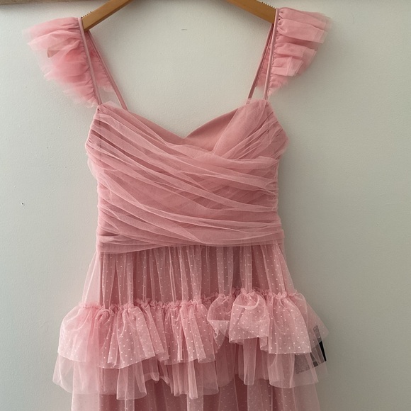 Lulus Pure Radiance Pink Mesh Swiss Dot Tiered Ruffle Straps Maxi Dress NWT S - Picture 5 of 15